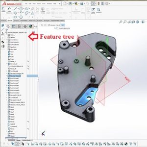 Solidworks CAD file with feature tree, created from 3D scan data using Geomagic DesignX software