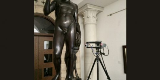 Bronze copy of Michelangelo's Bacchus being 3D scanned with a Breuckmann 3D scanner at the Museum of Biblical History in Dallas, Texas