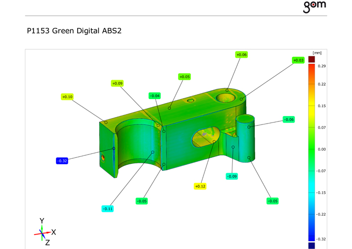 3D inspection showing deviation between 3D scan data and CAD file