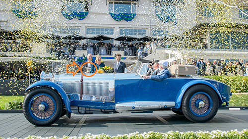 This 1929 Mercedes Benz won the Best in Show Award at the 2017 Concours d'Elegance. Also shown (in circle) is the trophy created by Scansite