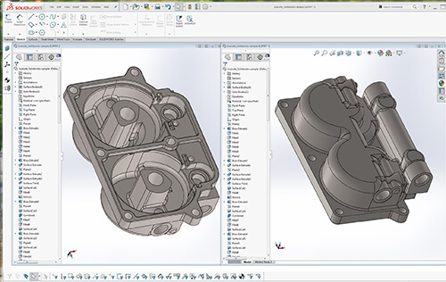 Solidworks CAD file with feature tree created from 3D scan data using Geomagic DesignX software